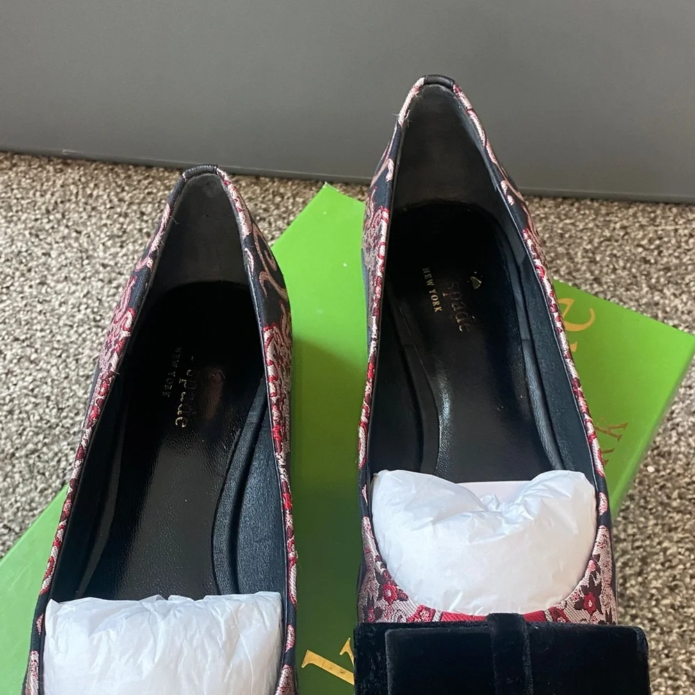 Kate Spade Red Paisley Flats with Black Velvet Bow